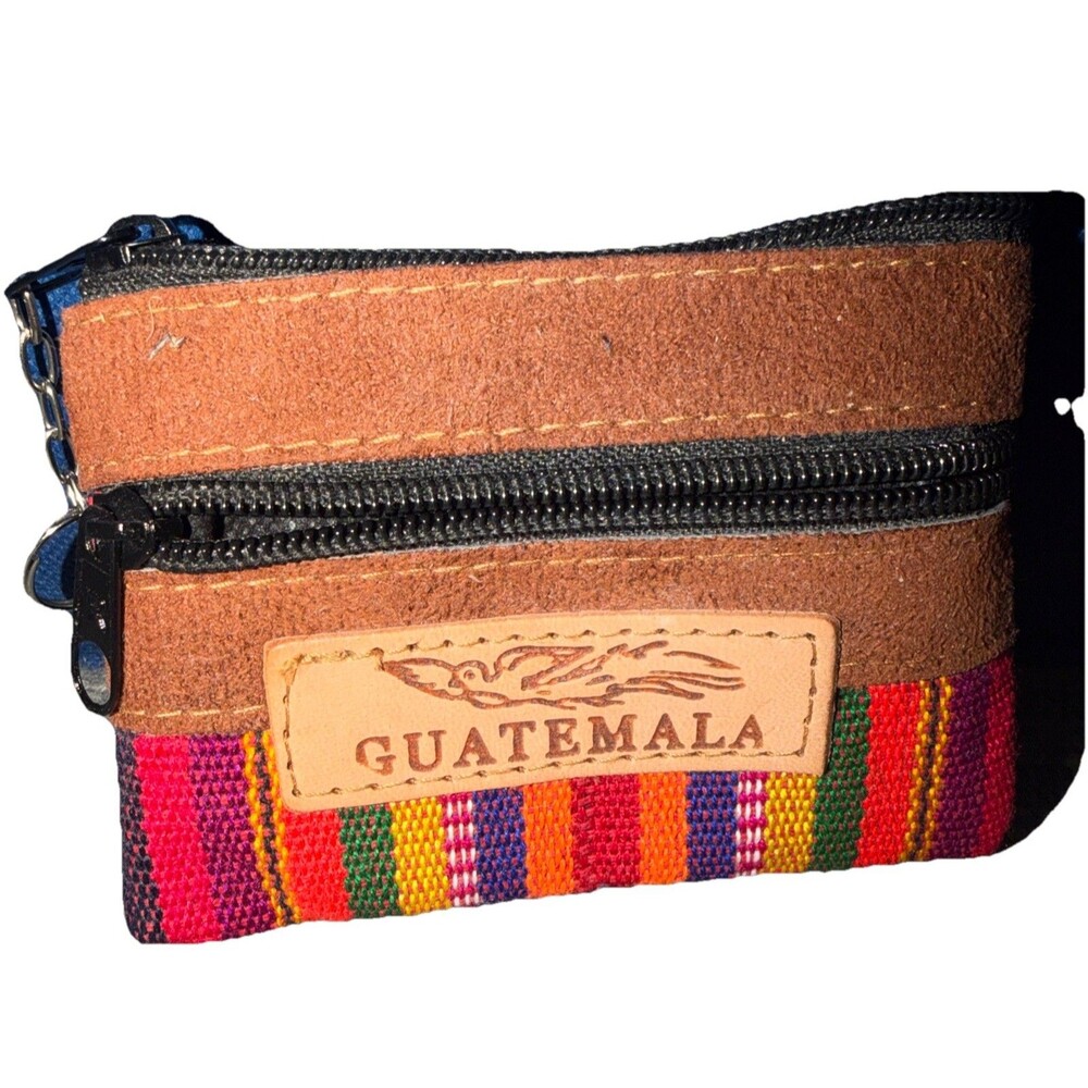 Guatemala Coin Hand Made colorful Purse 2 Zippers pouch 4.5” x 3” Key Chain